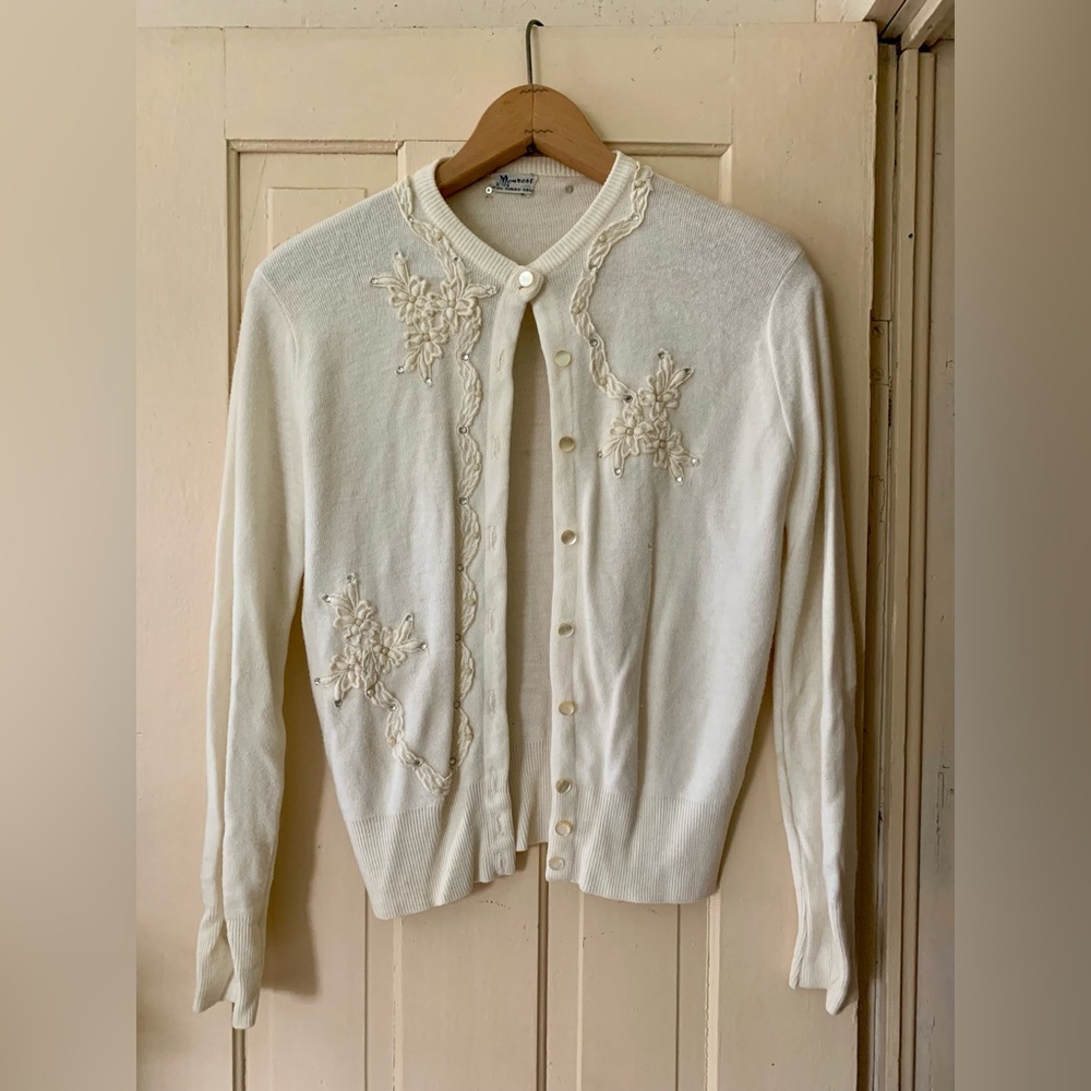 Vintage 1960s Monrose cardigan with pearl appliqués.